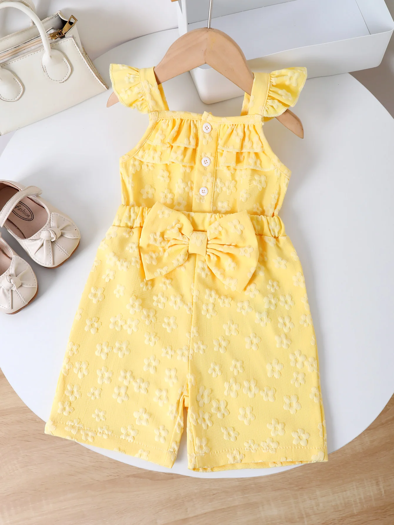 Yellow Square Collar Flying Sleeves For Baby Girls Foreign Style Jumpsuit Waist Waist Flower Big Butterfly Loose Cute Jumpsuit