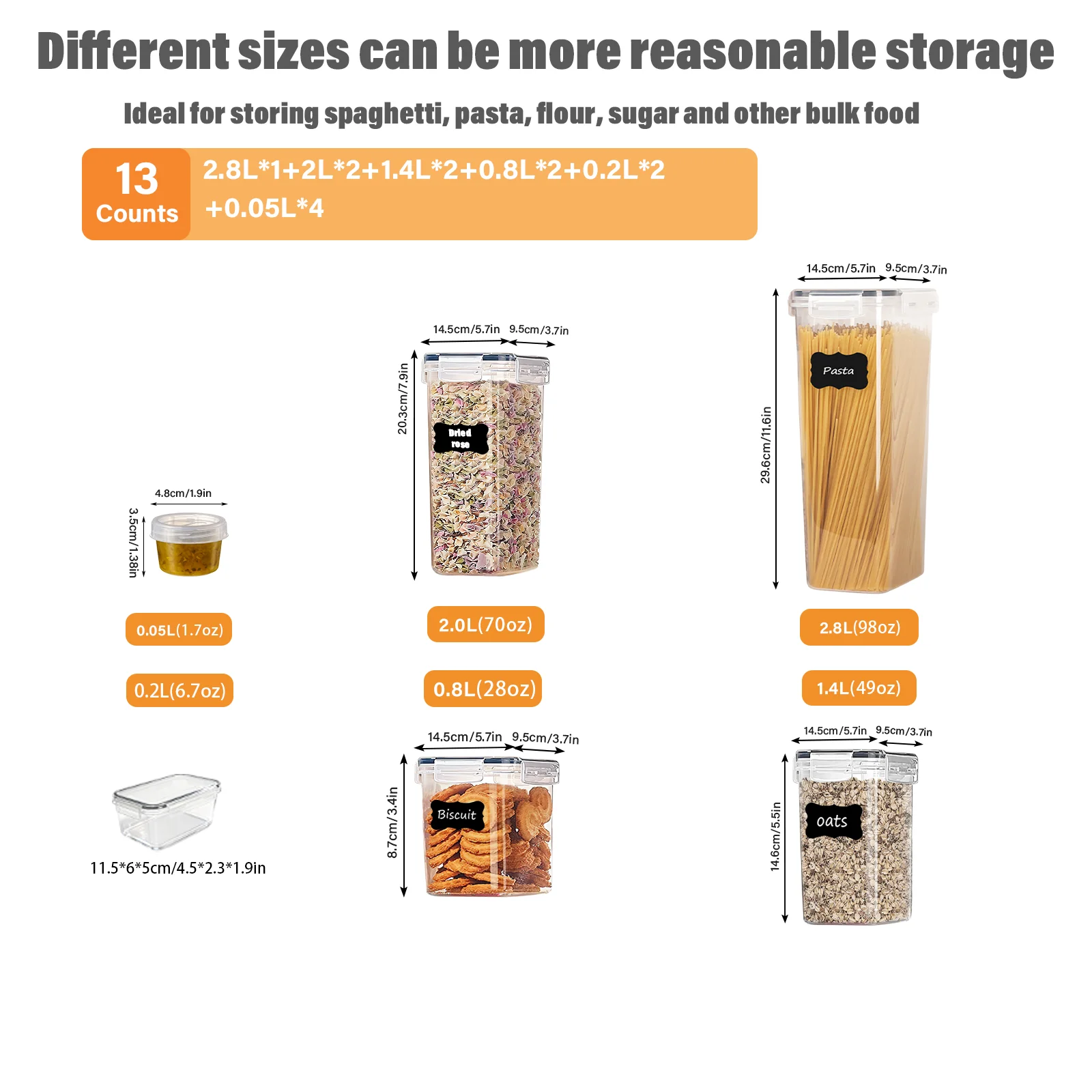 13Pcs Food Storage Containers combination  for Sugar, Flour and Baking Supplies &Dips