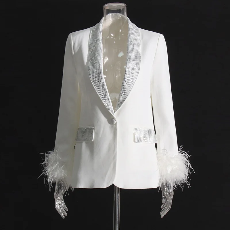  Style Embroidered Diamond Ostrich Feather Magenta Suit Jacket Women's Original Design Long Sleeve Midi Length