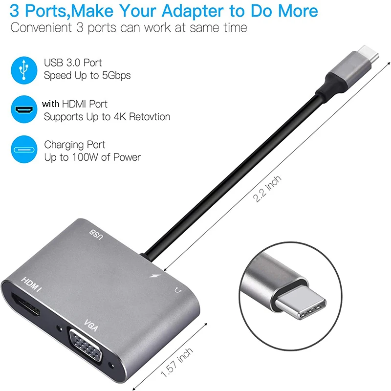 5 in 1 HUB USB 3.0 Type C to VGA HDMI-Compatible Output Extend Adapter 4K 1080P Video Converter Universal for Laptop Chromebook