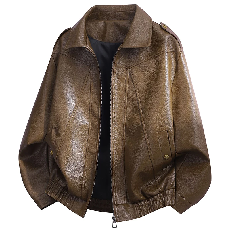 Trendy Mens Textured PU Jacket Coat Fall Winter New Casual Solid Color Leather Coats Men's Outdoor Fashion Zip-up Lapel Jacket