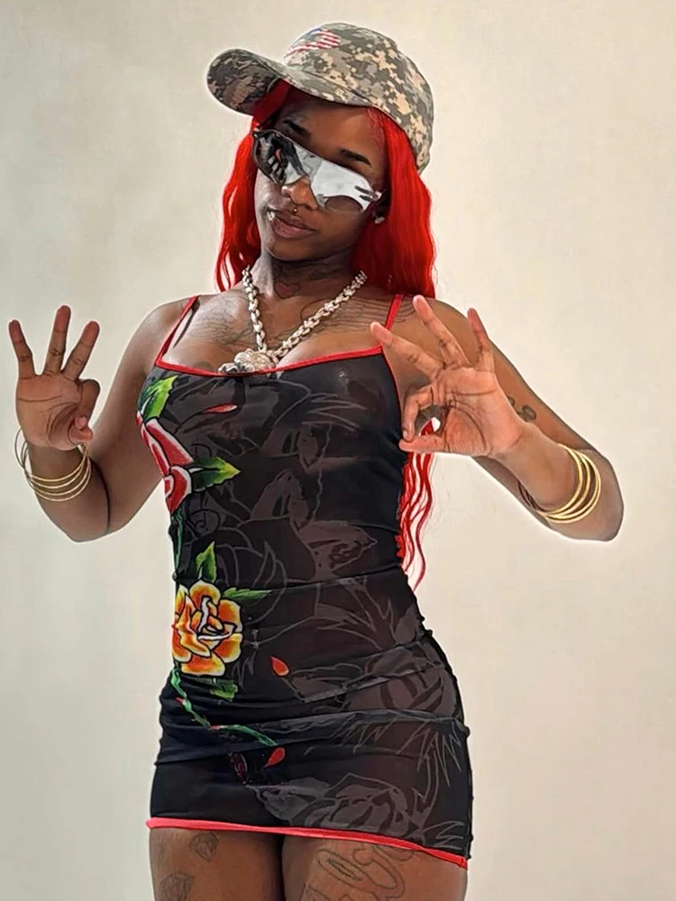 Abito sexy con stampa floreale da donna trasparente con scollo basso sexy estivo Midnight Club Party Trend Coquette Slim Mini aderente