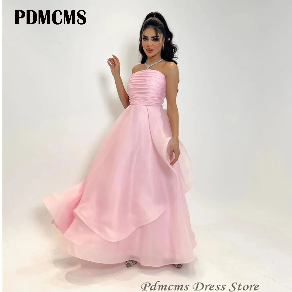 

Vintage Long Organza Pink Evening Dresses A-Line Pleated Prom Gowns Robes de soirée Floor Length فساتين السهرة Party Dresses