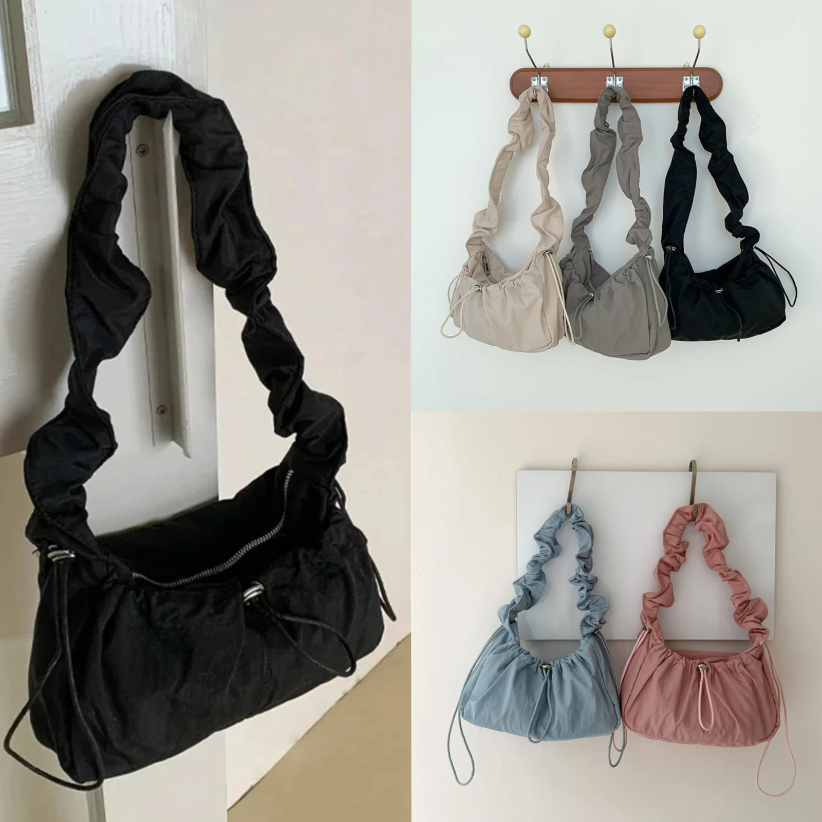 

2024 Fold Shoulder Bag Vintage Casual Designer Underarm Crossbody Bag Simple Fashion Women pleated nylon fabric shoulder bags