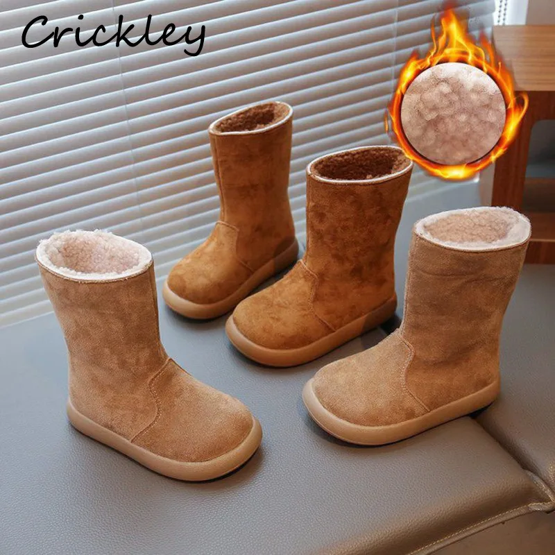 

Solid Kids Fashion Boots Autumn Winter Suede PU Soft Girls Boys Mid-Calf Shoes Plush Warm Slip On Children Boots
