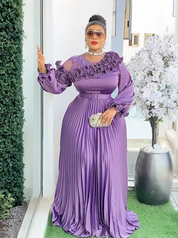 Ropa de otoño para mujer, vestido Maxi de manga larga con cinturón, vestido plisado elegante y elegante para noche y cumpleaños, vestido de fiesta de talla grande