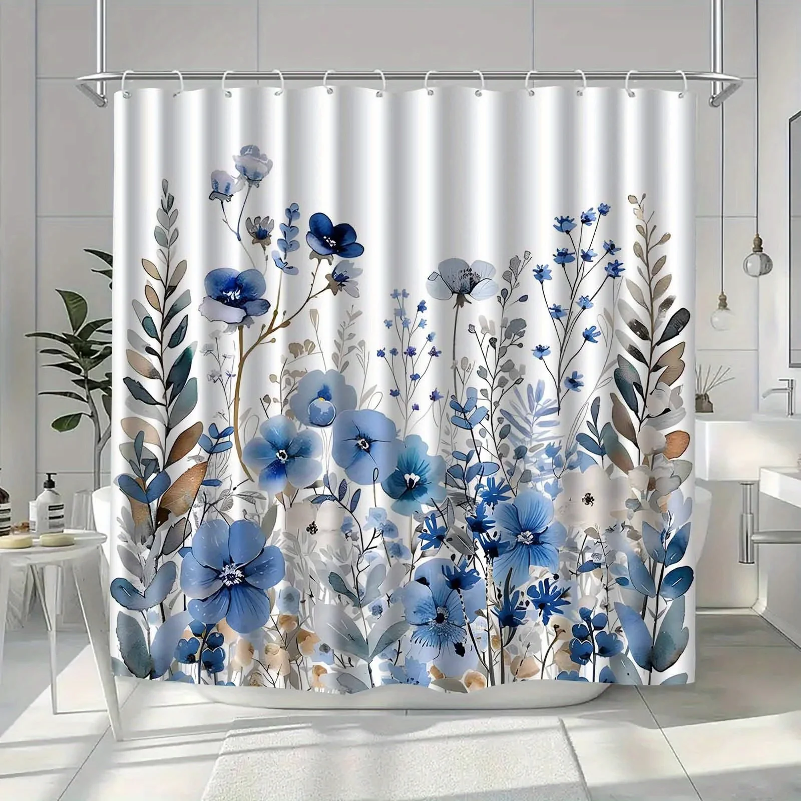 

Watercolor Floral Plant Shower Curtain Elegant Bathroom Home Decor Partition with Hooks