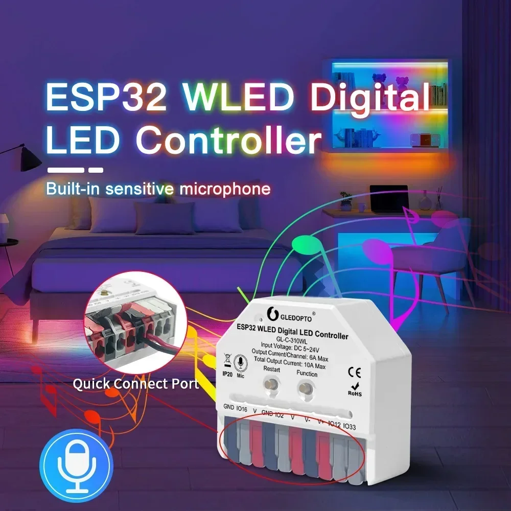 ESP32 Mini WLED LED Controller GLEDOPTO Music Dynamic Modes Use For WS2811 WS2812 SK6812 TM1814 WS2813 WS2815 Strip