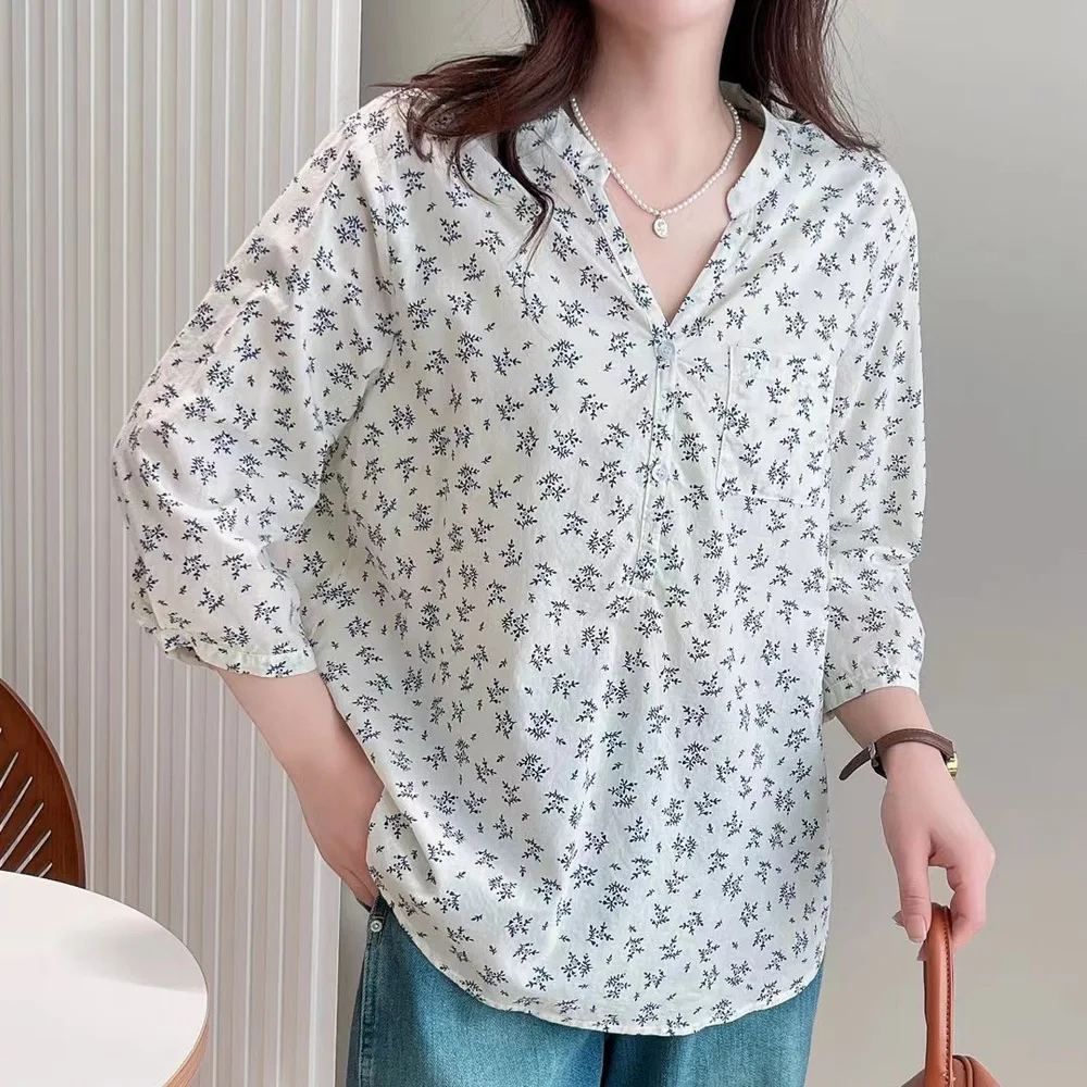 Camisa de algodão estampada com gola V para mulheres, tops doces para menina, blusas soltas OL, manga 3/4, T45248QC, nova, T45248QC, primavera e outono