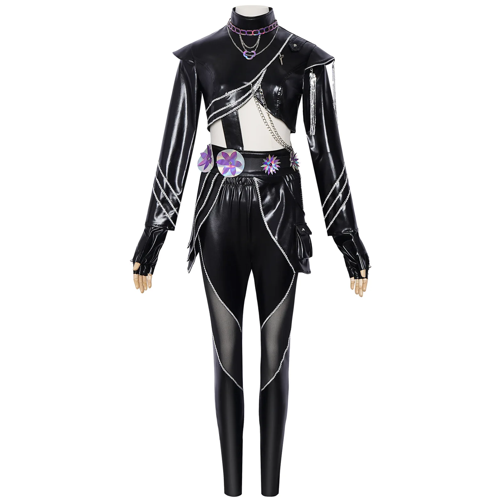 Kpop Outfits Women Black Purple PU Leather Set Y2K Cyberpunk Streetwear Sexy Mesh Patchwork Jazz Dance Performance Costume view 2