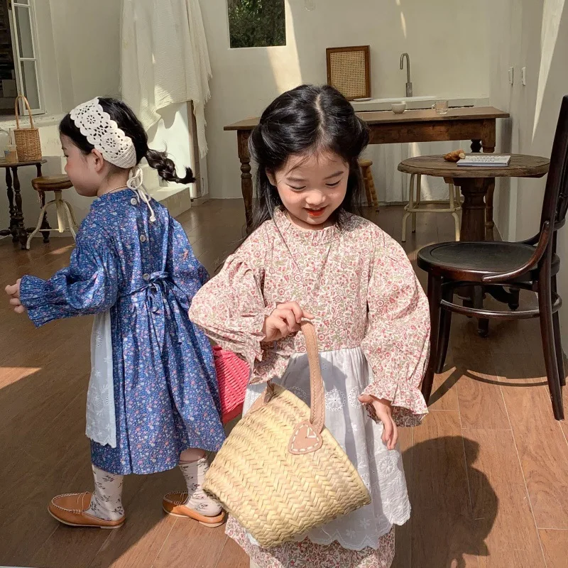 Wholesale Korean Children's Clothing Girls' Hollow Embroidered Patchwork Floral Children's Dress Spring and Autumn New Princess