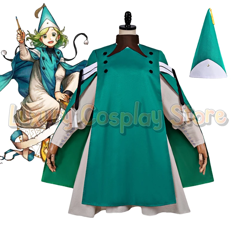Disfraz de Bruja Anime Coco Tetia Richeh, Traje de Bruja Mágica, Capa Verde, Conjunto de Sombrero Puntiagudo, Disfraz para Fiesta de Halloween