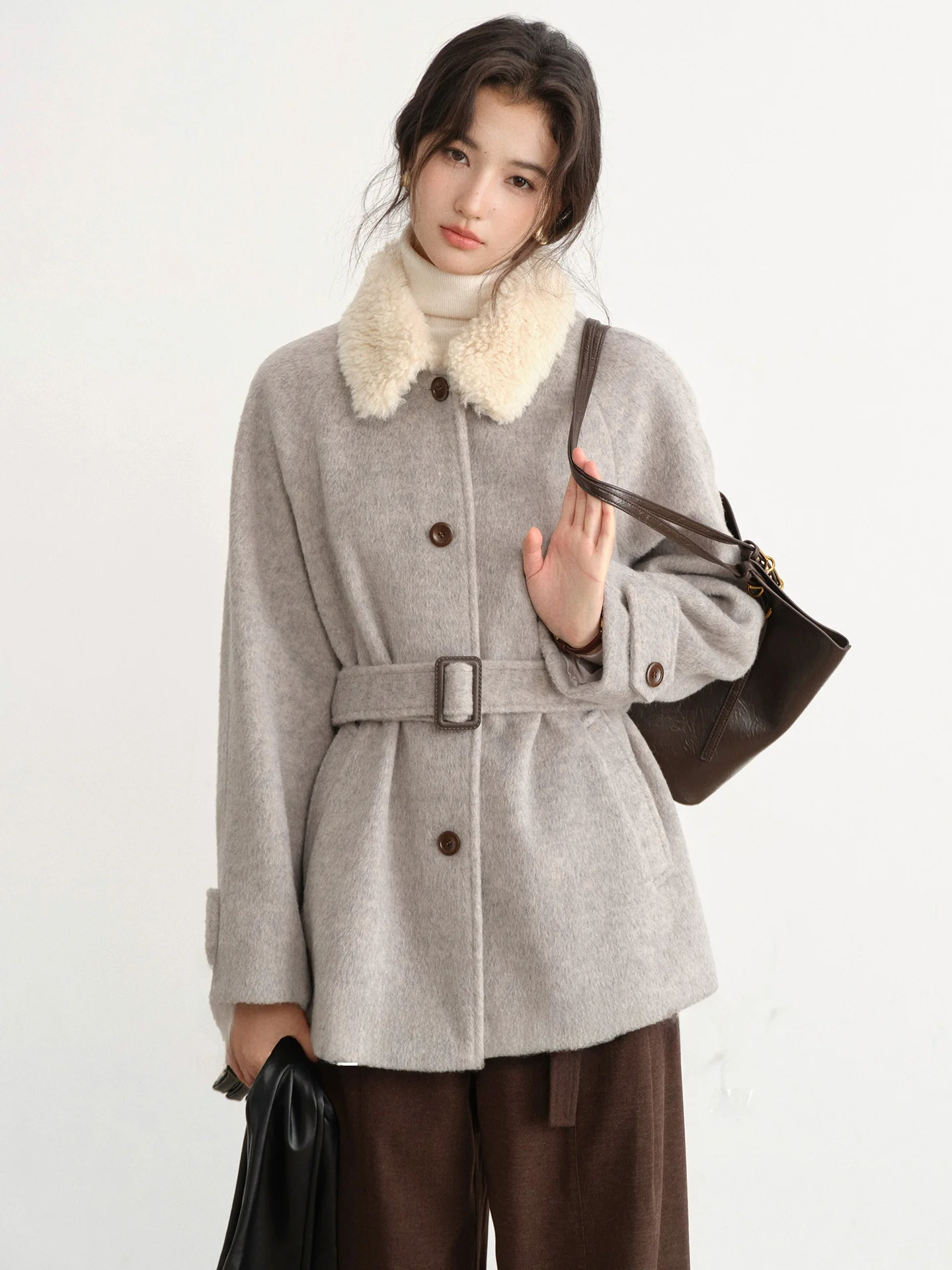 

Женское зимнее шерстяное твидовое пальто с поясом, приталенное, повседневное, из смесового полиэстера, с длинными рукавами