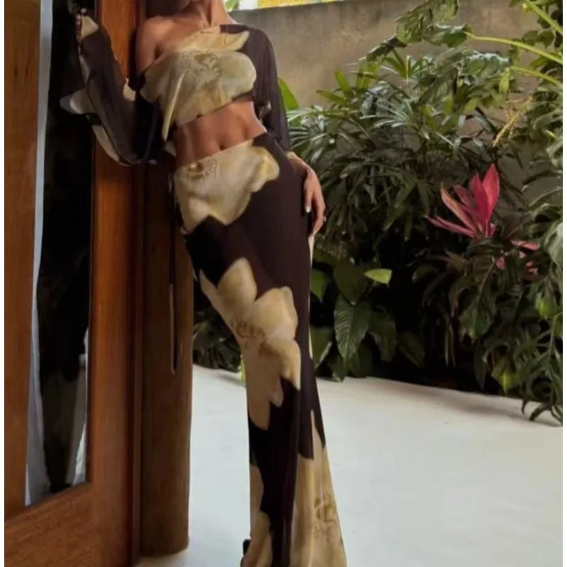 2026 New European and American Clothing One-Line Neck Floral Print Skirt Sexy See-Through Fashion Two-Piece Set