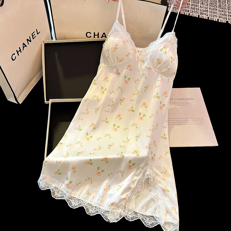 

DAIMELU nightdress women's summer sexy ice silk female skirt lace V-neck girl nightgown flower sweet pajamas pure wind sleepwear