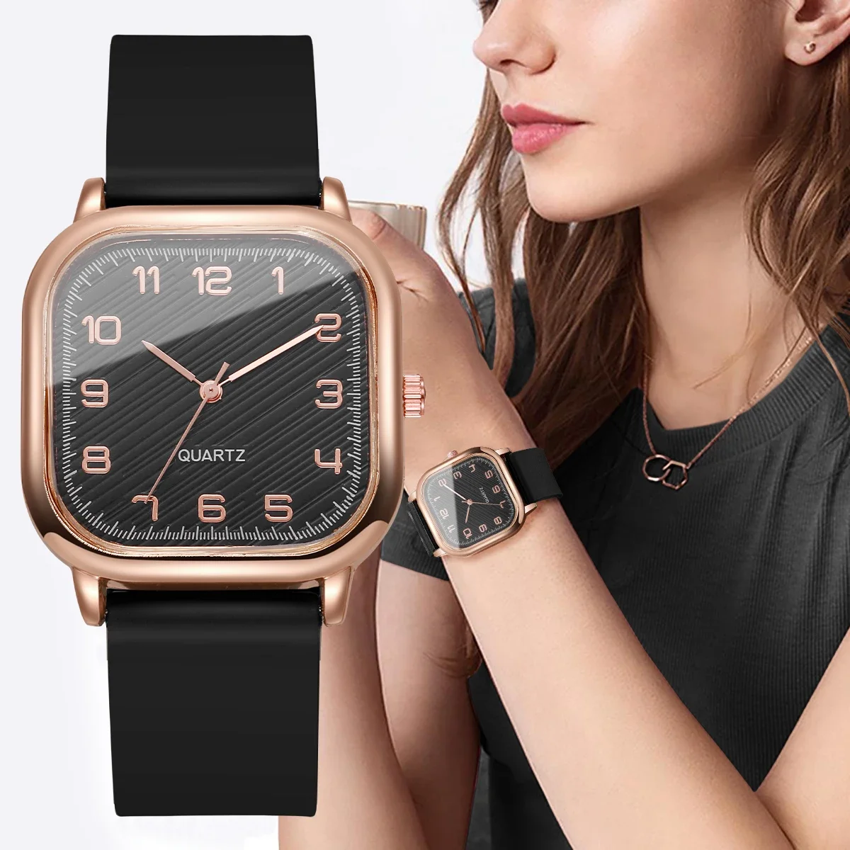 Glam Square Women Watch Black Silicone Strap Classic Quartz Wristwatches Ladies Clock Relogio Feminino（Without Box）