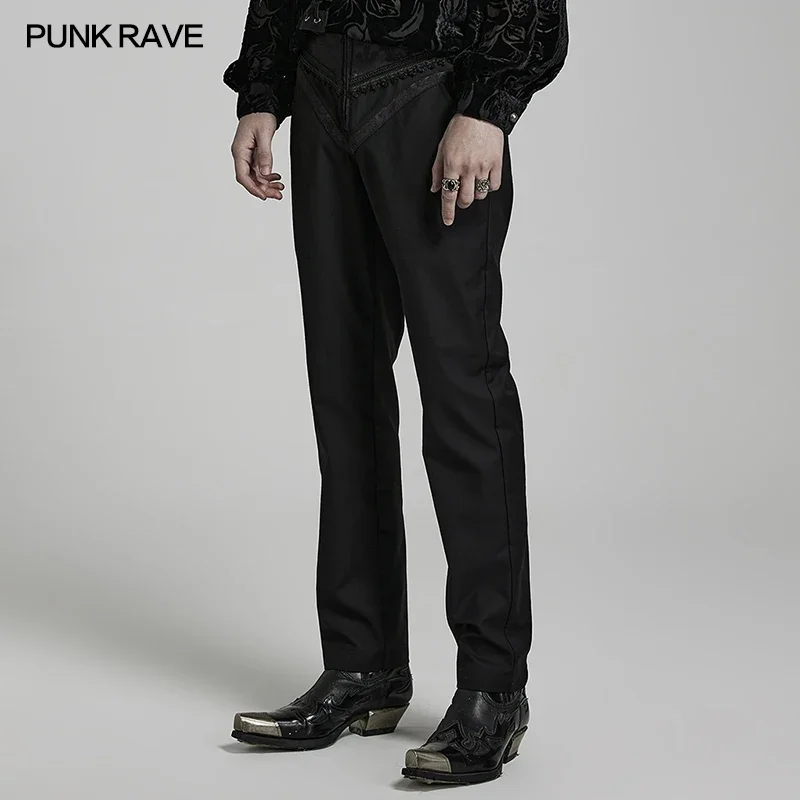 PUNK RAVE Men's Gothic Jacquard Regular Trousers Carved Buckles Party Club Slim Fit Black Pants Spring and Autumn