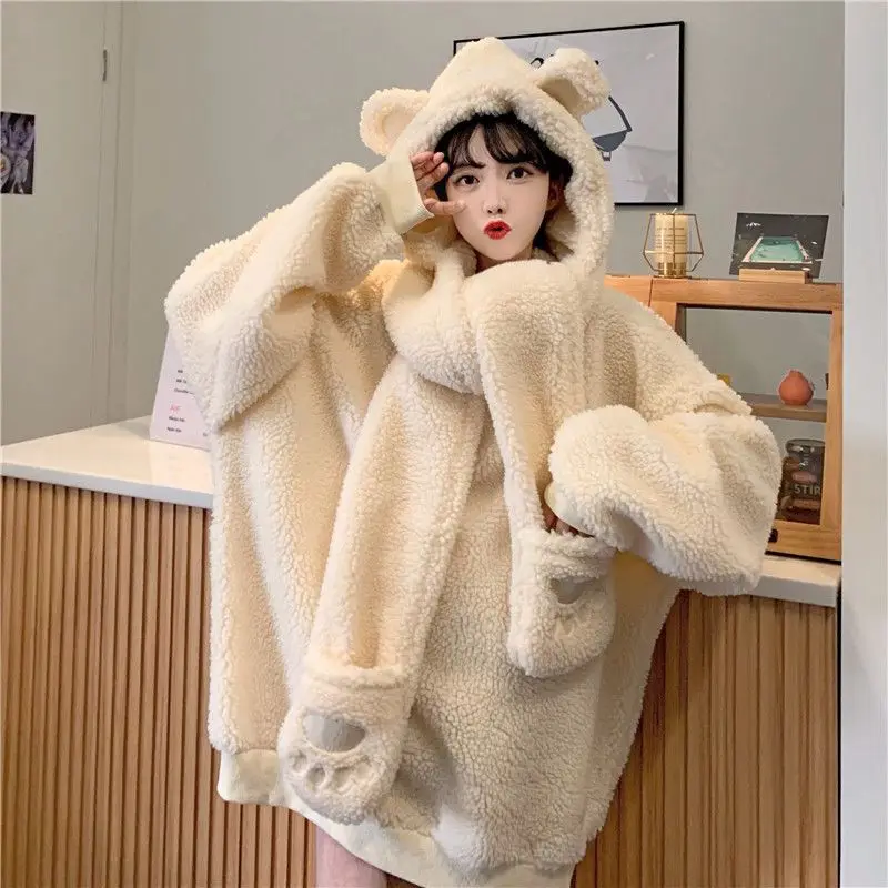 

Kawaii Bear Hooded Sweater Women's College Wind Hooded Scarf Cute Bear Gloves One Detachable Lamb Plush Sweater Women Clothes