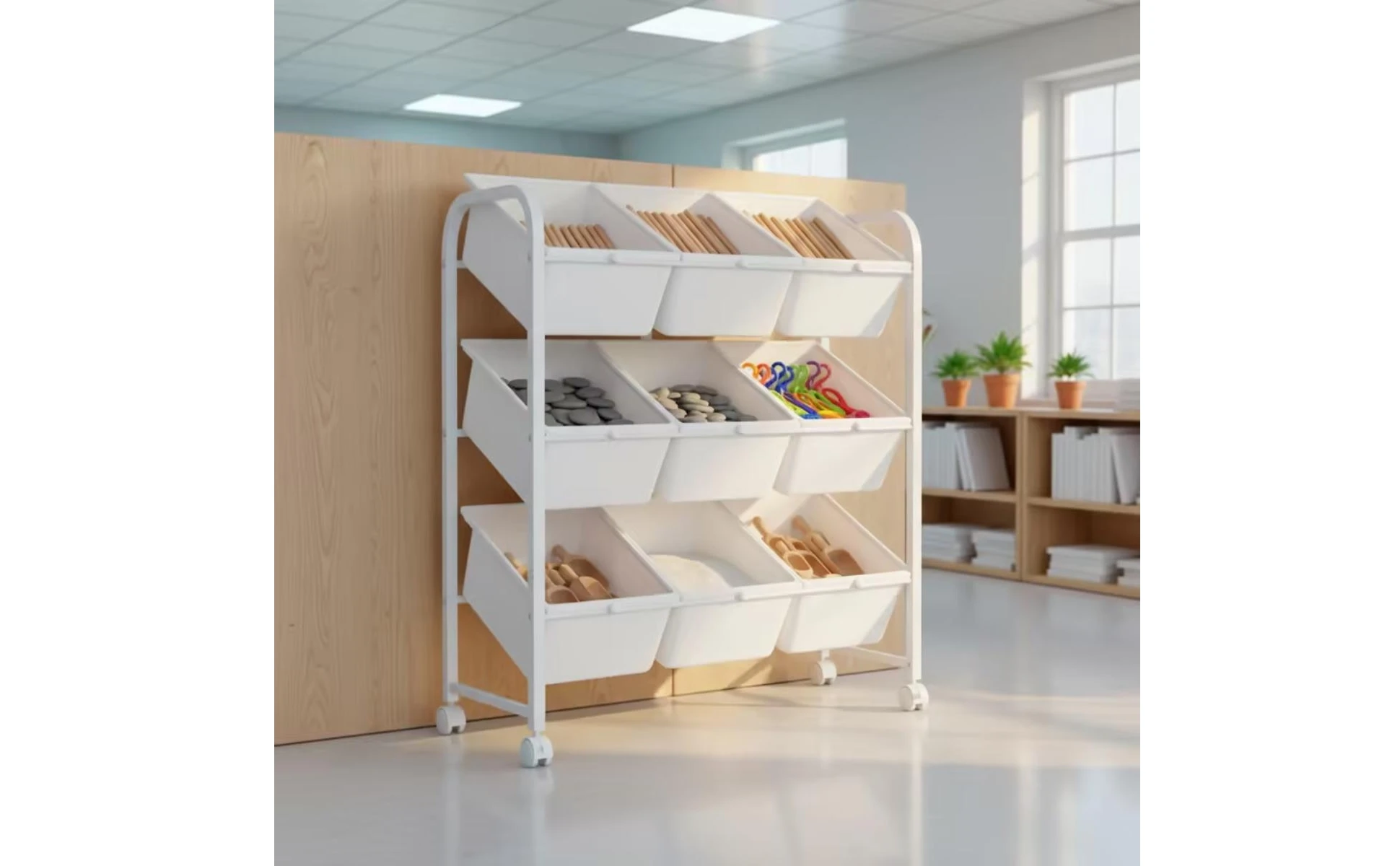 Toy Storage Rack with Bins 3-Tier Rolling Toy Organizer Kids Storage Shelf with Bins Mobile Furniture Wheeled for Parents