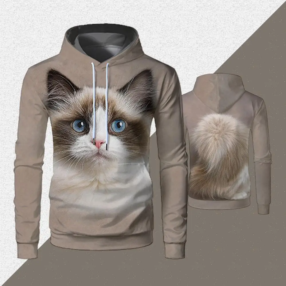 

Autumn And Winter New 3D Cat Hoodie Cute Cat Face Tail Printed Sweatshirt Fun Animal Lover Pullover Street Fashion Clothing Gift