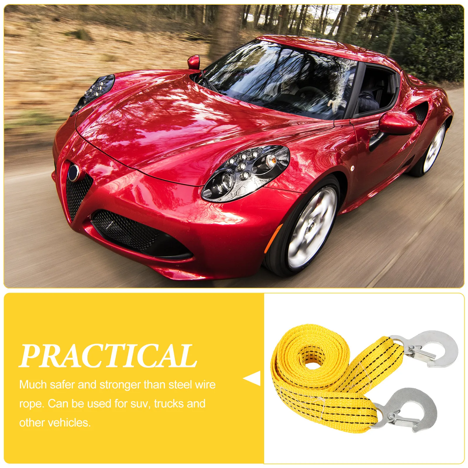 Extra Thick Nylon Trailer Rope Yellow Fluorescent Safety Glow Forged Eagle Hook Vibration Dampening Car Towing Winch Rope