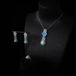 00019 Trendy Jewelery Set for Women Turquoi Necklace Set Cubic Zirconia Necklace /Earrings /Ring Bridal Party Accessory