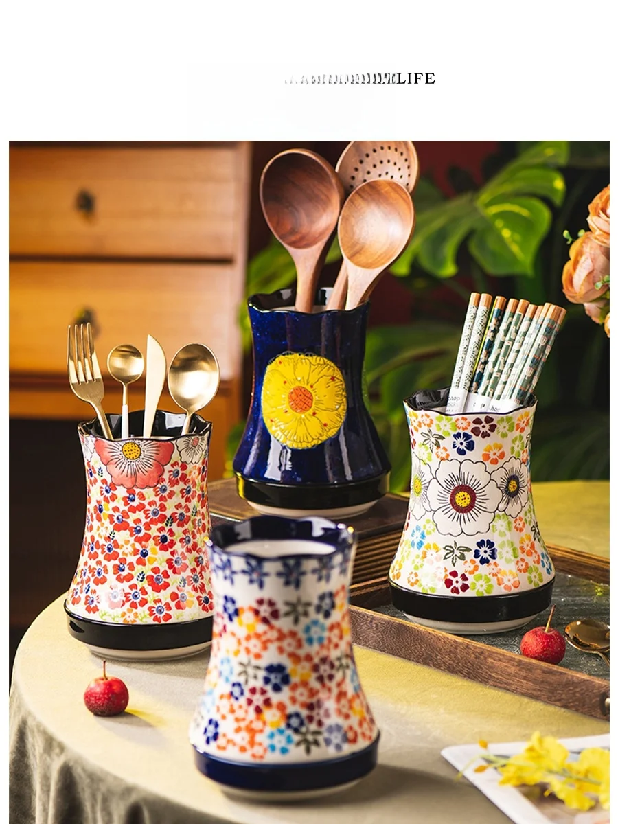 

Tlife Hand-Painted Cerc Chopstis Holder Kitchen Fork And Knife Storage Basket Retro Sle Chinese Floral Design