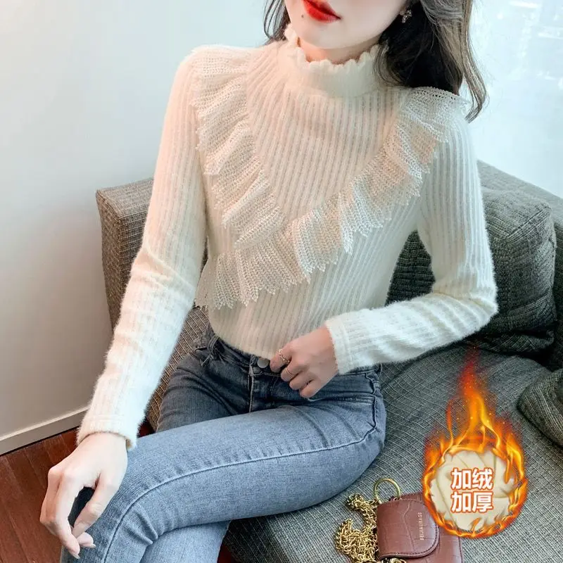 Stylish Slim Fit Polo Turtle Neck Hollow Sweater Women's Pullover Autumn Winter Lace Edge Sewn Base Layer Top Knitwear TT798