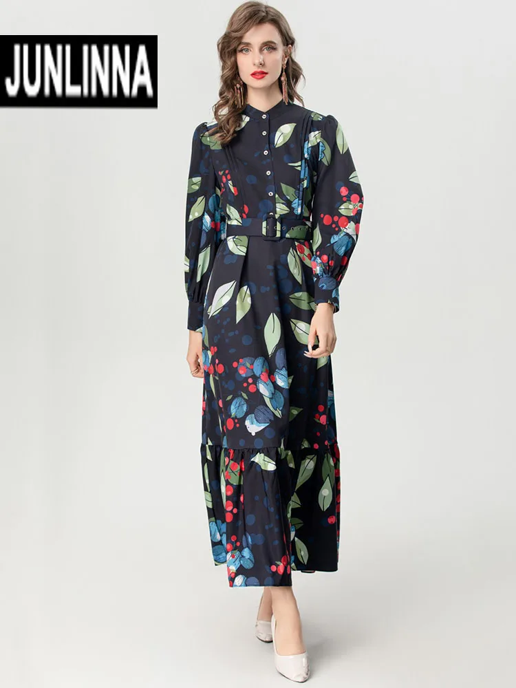 

JUNLINNA Fashionable Women Retro Printing Dress Spring Autumn Stand Collar Long Sleeve Sashes Sliming Vestidos Lady Holiday Wear