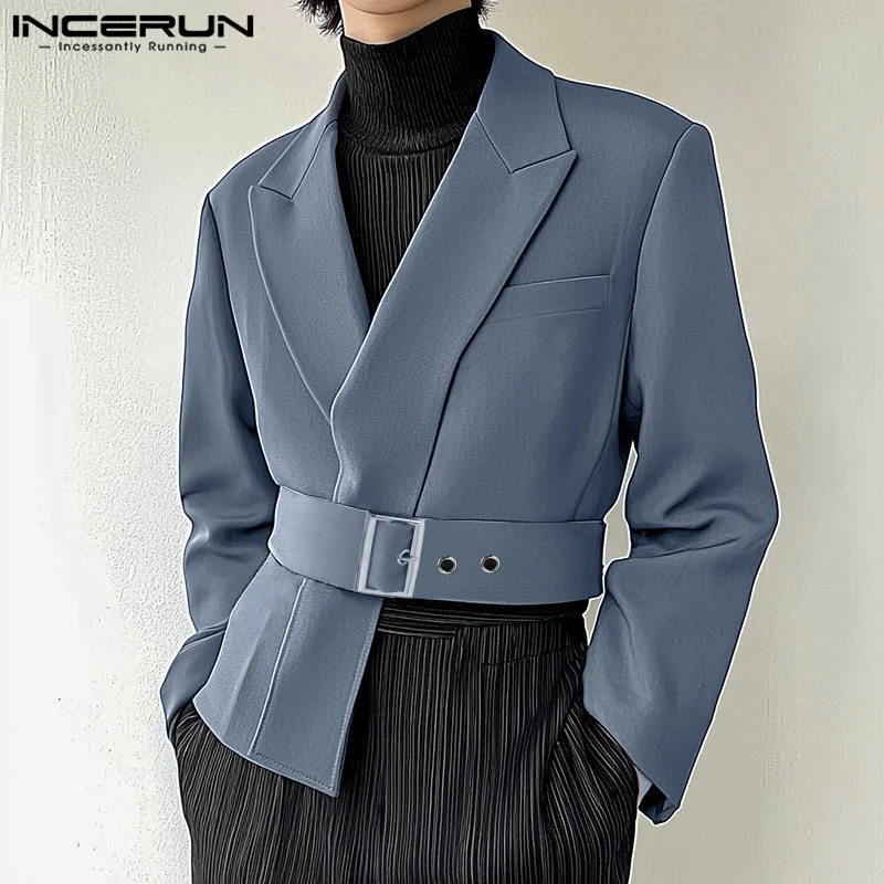 Fashion Well Fitting Tops INCERUN Men Deconstruction Design Belt Suit Coat Casual All-match Male Solid Long Sleeved Blazer S-5XL