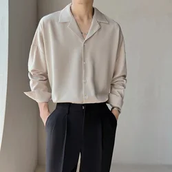 Solid Cuban Collar Long-sleeved Shirt for Men Handsome Summer Casual Iron-free Light Mature Style Korean Style Ice Silk Shirt