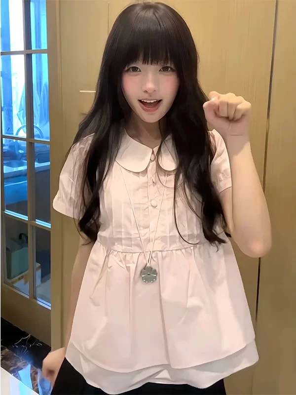 เสื้อคอตุ๊กตาทรงหลวมสไตล์เกาหลีหวานๆ สำหรับสาวอวบ แฟชั่นฤดูร้อนใหม่ เสื้อทรงหลวม ช่วยให้ดูผอมลง เหมาะสำหรับใส่ไปทำงานหรือวันสบายๆ