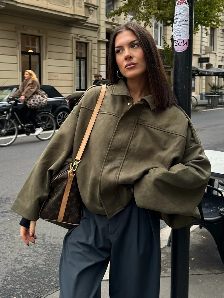 Damska kurtka wiosenna w stylu high street, krótka, jednolita, z kołnierzykiem, długim rękawem, zapinana na zamek, nowa moda, zapinana na guziki.