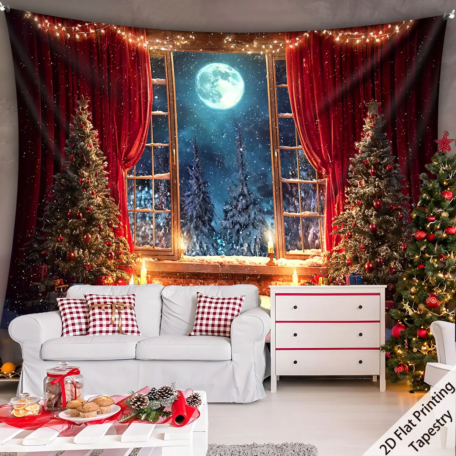 Extra Large Christmas Window Tapestry with Moonlit Snow Landscape and Red Curtains - Wall Hanging for Festive Indoor Decor