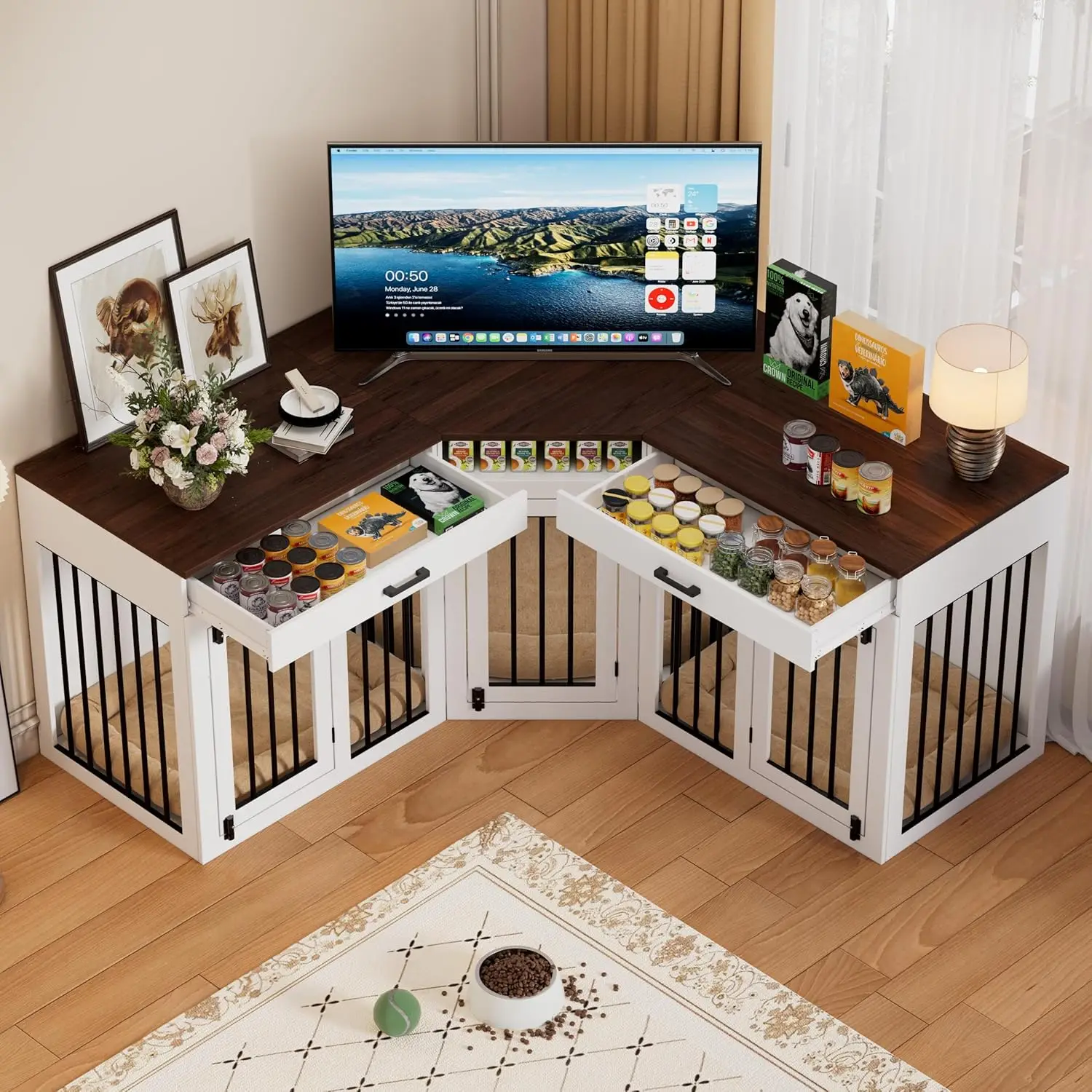 

Extra Large 3-in-1 Wooden Dog Crate with Drawers, Divider, Outlet, Heavy Duty Indoor Kennel for 3 Dogs, White