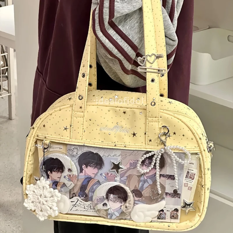 Dopamine Star Print Large Capacity Ita Bag,Cute Kawaii Crossbody Shoulder Purse,Clear Window Tote for Badge,Y2k Harajuku Handbag view 5