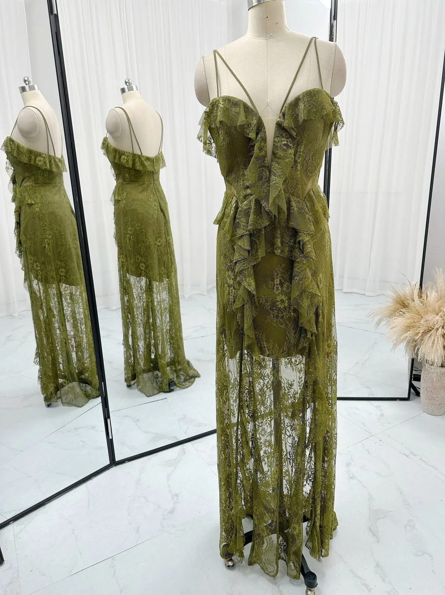 Ink Green Sexy Suspender Tube Top Lace Lace Perspective Slim Banquet Evening Dress Skirt M1729