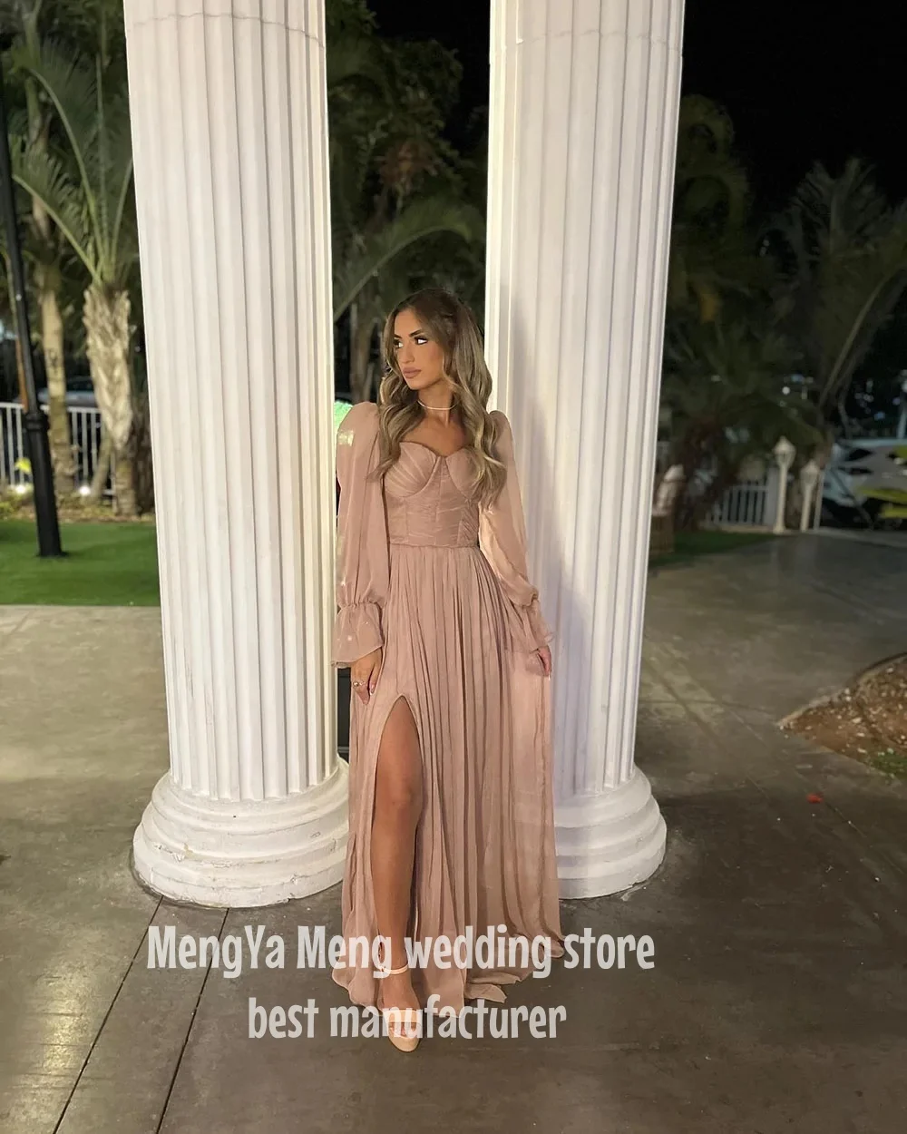 

ZHUISHU 2025 A-Line Formal Evening Dresses Chiffon Sweetheart Puff Sleeves Long Prom Dress High Side Slit Party Gowns for Women
