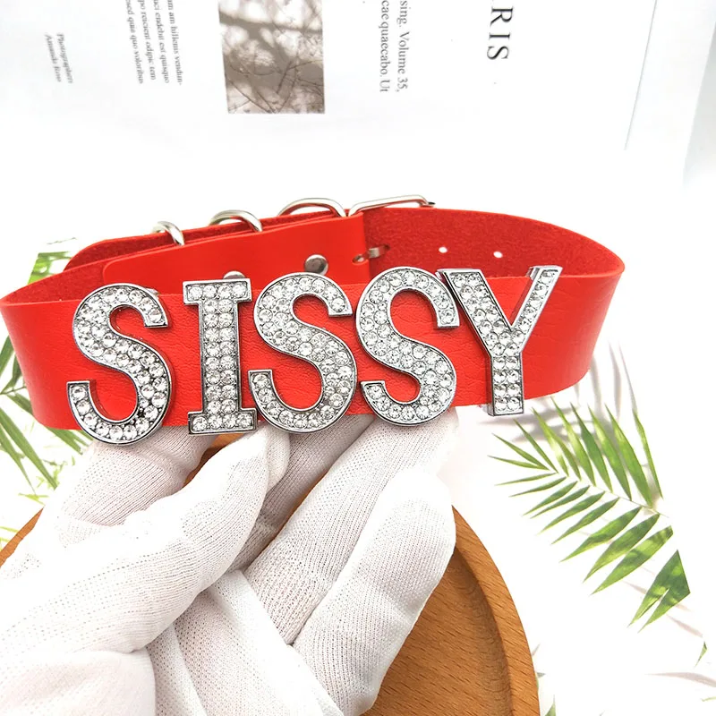 Luxury Shiny Rhinestone SISSY Choker Collar Red PU Leather Personalized Custom Name Letter Necklaces Women Men's Jewelry Gifts