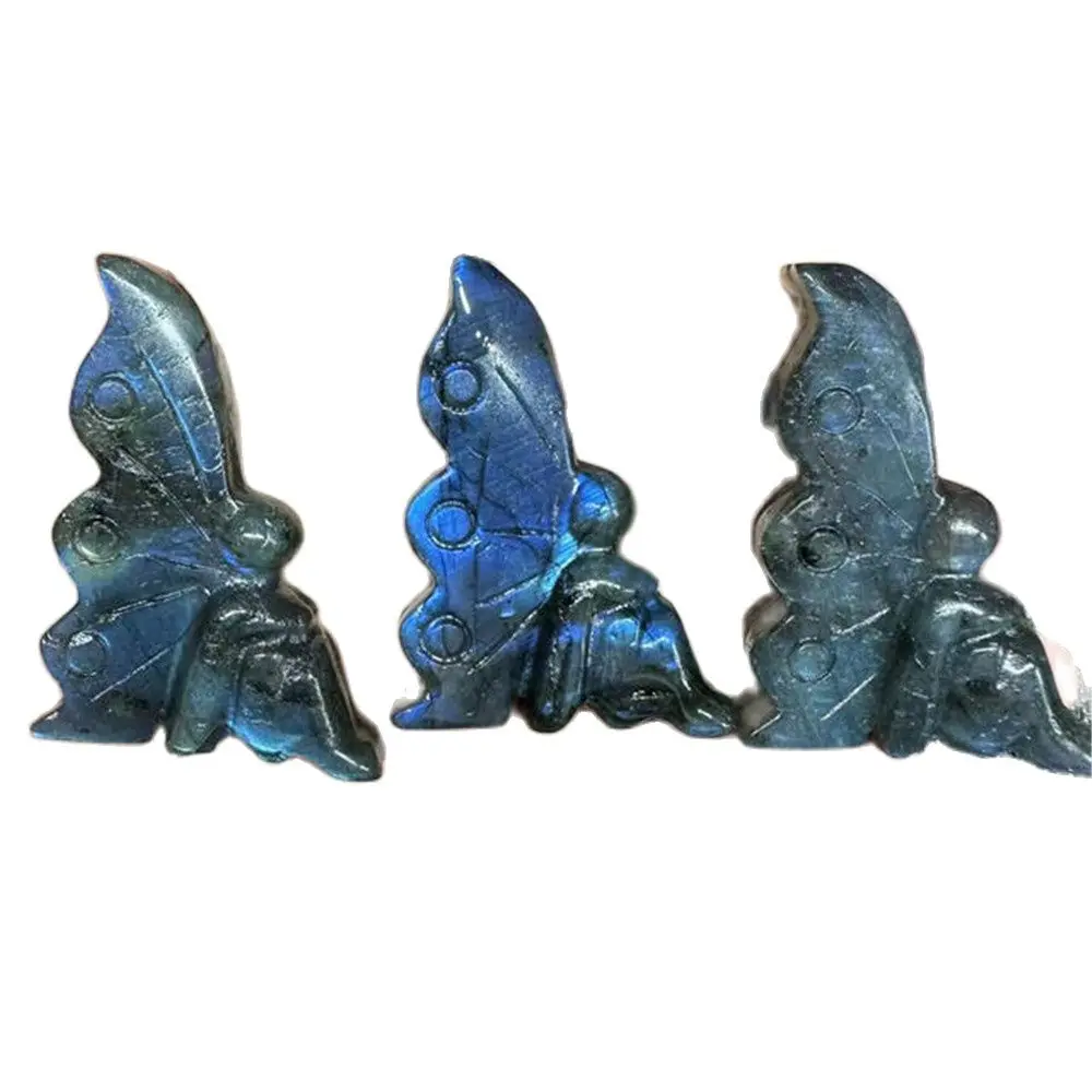 Wholesale Big Size 55mm Semiprecious Stone Crafts Natural Blue Flash Labradorite Crystal Carvings Butterfly Fairy For Gift