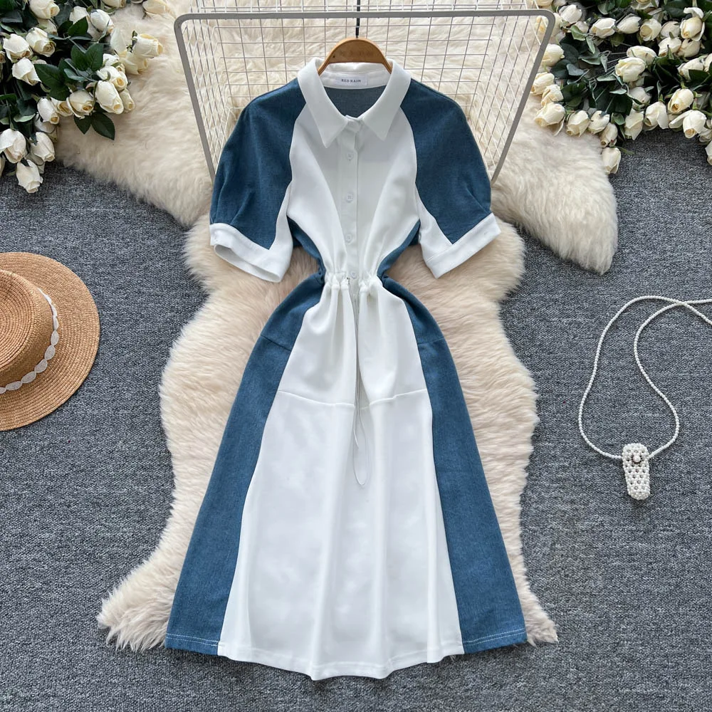 

Dress Women Puff Sleeve Buttons Patchwork Long Dresses Turn Down Collar Tight Waist Casual Vestidos A Line Spliced Lady Summer