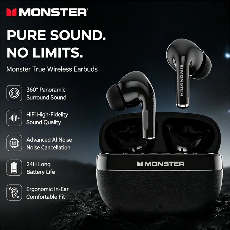 Monster MQT68 TWS Wireless Earbuds AI Real-time Multi-language Translation Headphones Panoramic Surround Sound HiFi Stereo