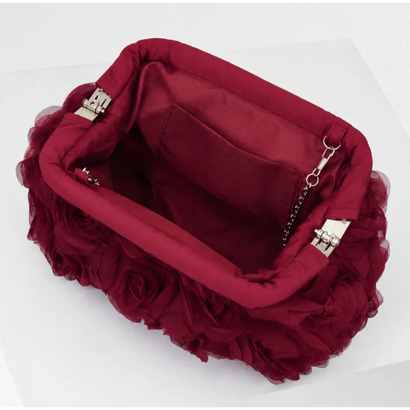 3d Rose Floral Evening Clutch Bag Elegant Chain Crossbody Purse Soft Pleated Handbag Chic Party Wedding Dinner Handheld Bag