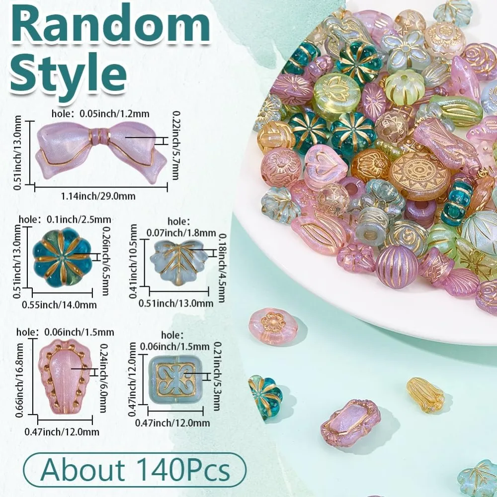 140Pc Imitation Czech Beads Acrylic Boho Beads Assorted Transparent Clear Green Aesthetic Flower Enlaced Czech Loose Spacers
