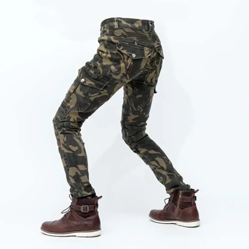 Camouflage Motorcycle Pants Men Anti-fall With Protective Gear Cycling Denim Joggers Mens Elasticity Straight Riding Trousers