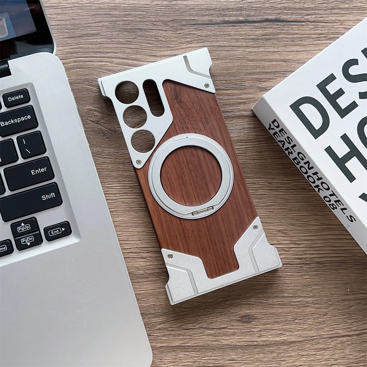 Aluminum Alloy Frame Magnetic Holder Phone Case For Samsung Galaxy S24 S25 S23 Ultra Magsafe Metal Frameless Wooden Hard Cover