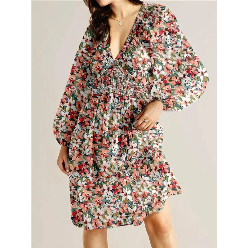 A83F-Donna Autunno Boho Floreale Scollo a V Manica lunga Smocked Elastico in vita Casual A-Line Mini abito prendisole