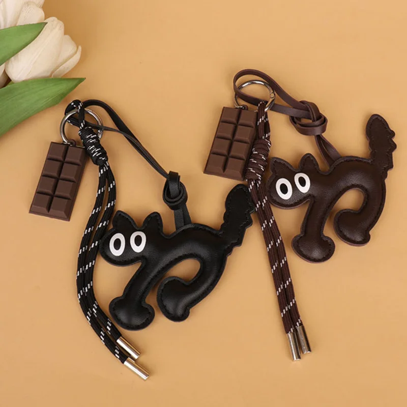 Classic Cute Leather Chocolate Cat Keychain Pendant Lovely Car Key Ring Bag Charm Phone Pendant Trinket Key Ring Accessories