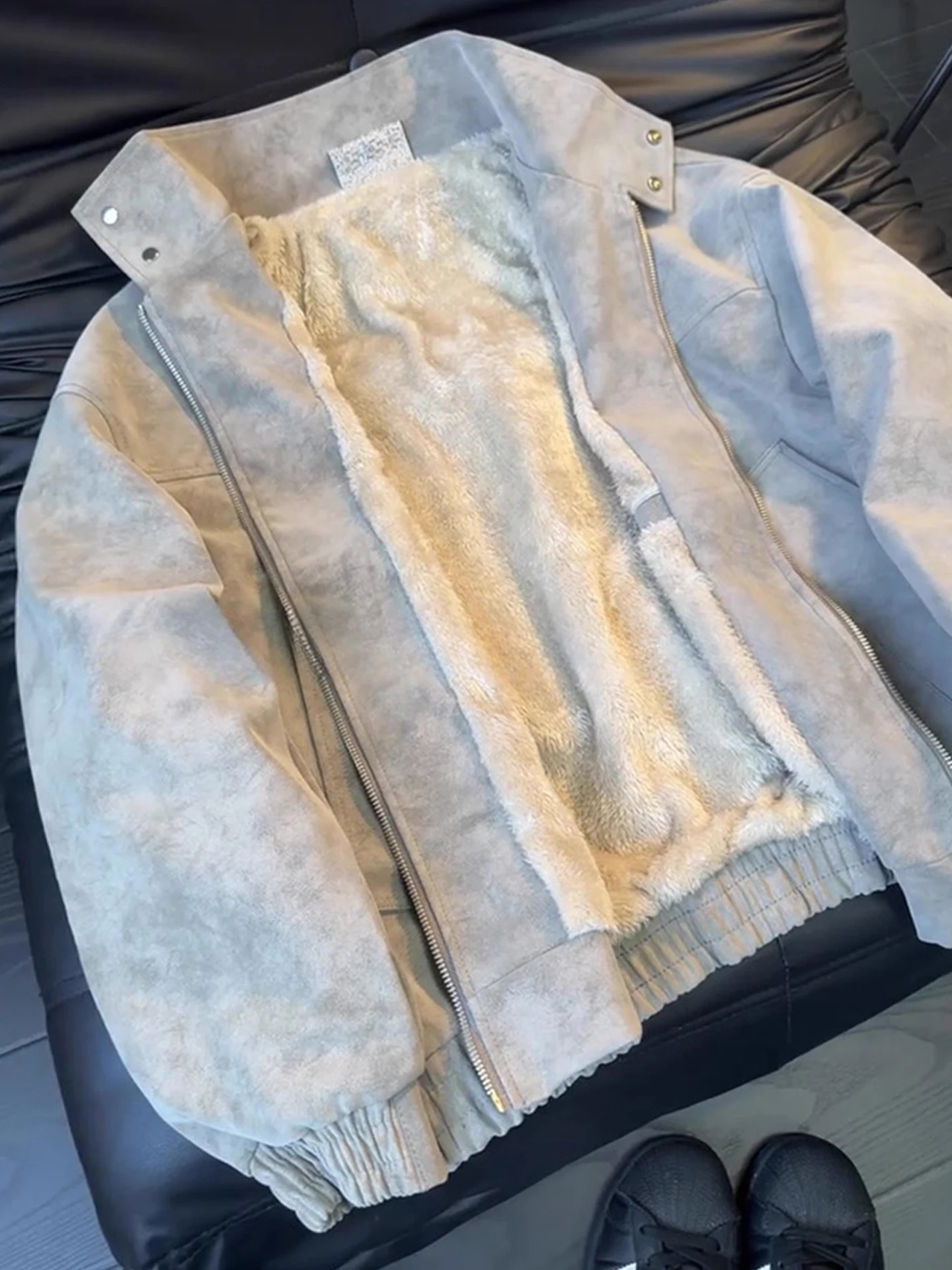 

Американский окрашенный джет из искусственной кожи Thiened Fce, мужская зимняя теплая верхняя одежда с воротником-стойкой, мотоциклетный матовый джет