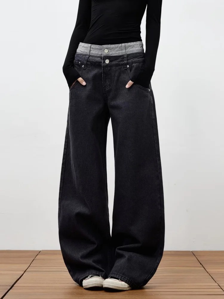 2025 Trend Y2K New Fashion Double Waistband Black Grey Baggy Women's Jeans Pants For Woman Clothes Straight Cotton Long Trousers
